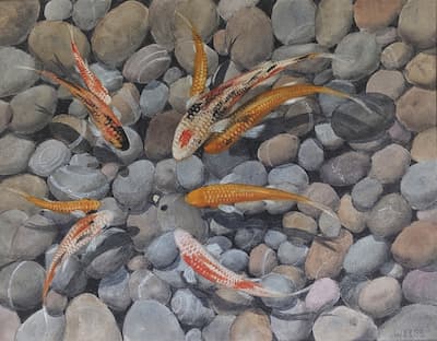 Painting of a swarm of fish fighting for one piece of food (Painitng by Larry Weiss)