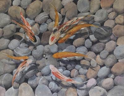 Painting of a swarm of fish fighting for one piece of food (By Larry Weis)