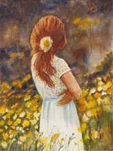 Watercolor Painting oF a pensive girl among flowers (Painitng by Larry Weis)