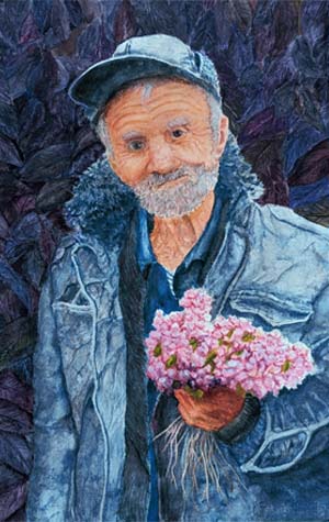 Old Gentlemen carrying hand picked flowers to his love (Painitng by Larry Weis)